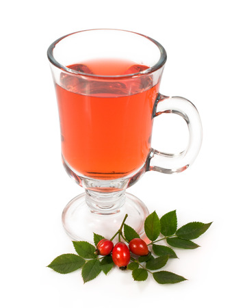 healthy drink from the hips with fresh berries isolated on whiteの写真素材
