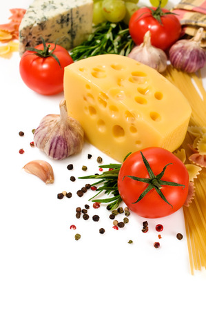 vegetarian food : ingredients for italian pasta on white backgroundの写真素材