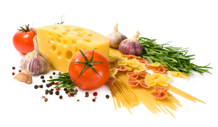 vegetarian food : ingredients for italian pasta isolated on whiteの写真素材