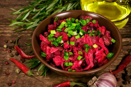 Beet salad with ingredients close upの写真素材