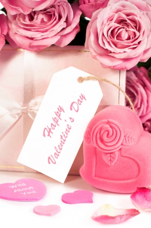 Flowers and gifts for Valentine's Day with label の写真素材