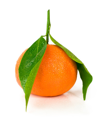 mandarin with green leaves isolated on whiteの写真素材