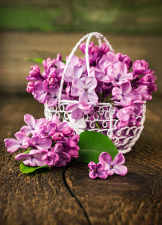 lilac in openwork metal basket on a wooden  tableの写真素材