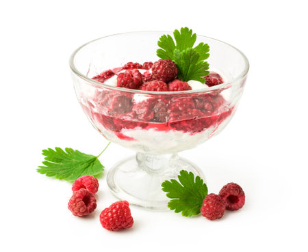 raspberry dessert with fresh berries isolated on whiteの写真素材