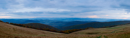 Panorama. Sunrise in autumn mountains. Ukrainian Carpathiansの写真素材