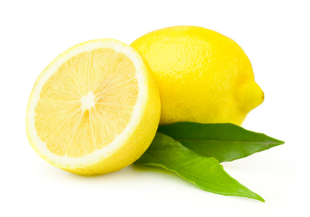 Fresh lemons with leaves isolated on whiteの写真素材