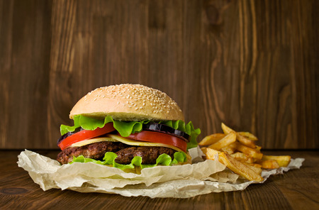 Big hamburger and french friesの写真素材
