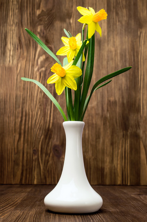daffodils in a white vase on a wooden backgroundの写真素材