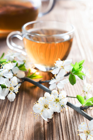 Tea and cherry blossom on wooden tableの写真素材