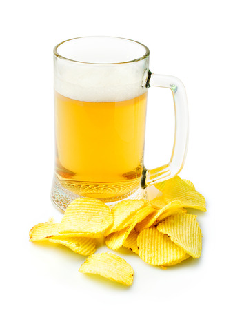 Beer and potato crisps isolated on whiteの写真素材