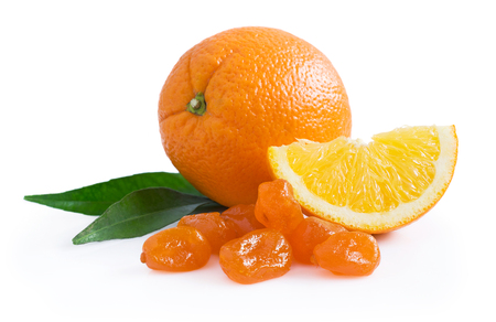 Orange and candied fruit isolated on white backgroundの写真素材