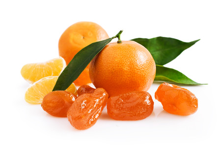 Mandarin and candied fruits isolated on white backgroundの写真素材