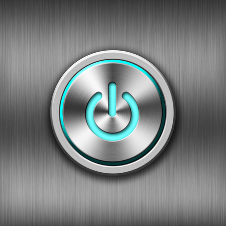 Metal power button with blue lightの写真素材