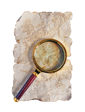 Magnifying glass and old paper or parchment isolated on whiteの写真素材