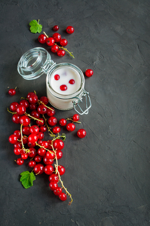 Red currants and jar with yogurt on dark backgroundの写真素材