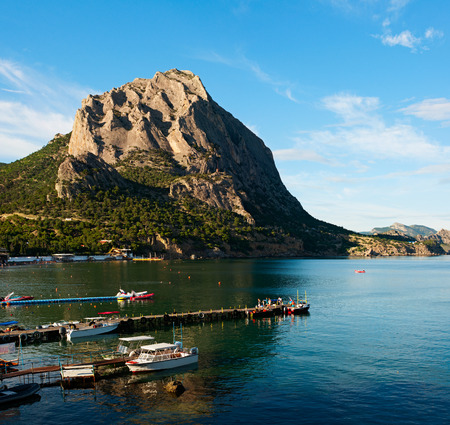 View of the sea bay and Mount Kush-Kaya. Black sea, Crimeaの写真素材