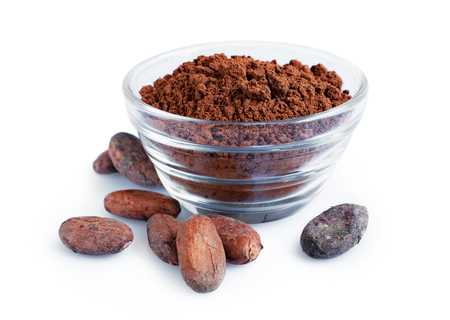 Cacao beans and powder isolated on a white backgroundの写真素材