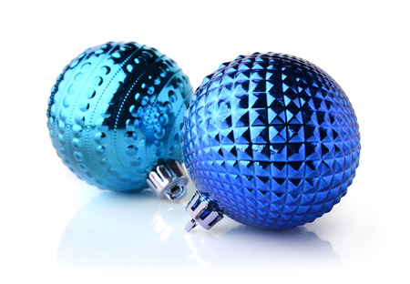 Two blue Christmas balls isolated on white background. Christmas decoration.の写真素材