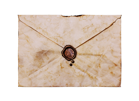 Old envelope with seal wax isolated on whiteの写真素材