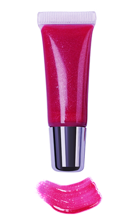 Pink lips gloss tube and stroke isolated on white backgroundの写真素材