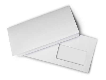 White envelope with folded blank sheet of paper for correspondence isolated on whiteの写真素材