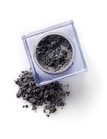 Jar of gray powder eyeshadow for make up as sample of cosmetic product isolated on white backgroundの写真素材