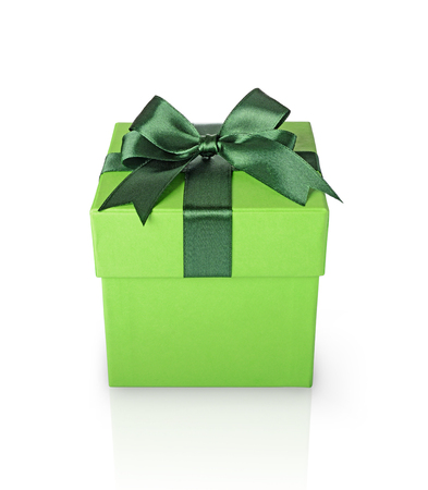 Green classic gift box with satin bow isolated on white backgroundの写真素材