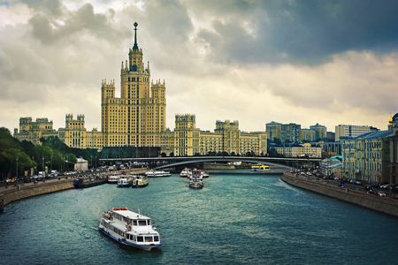 Cityscape view of beautiful architecture with the river and bridge in downtown area of Moscow, Russiaの写真素材