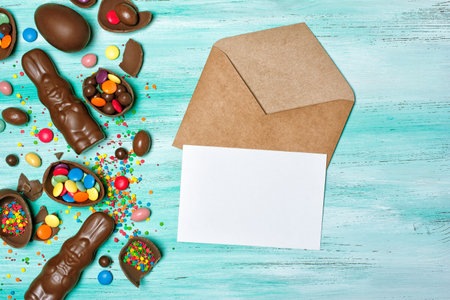 Top view on mockup of blank white card in kraft envelope with easter chocolate eggs and bunnies on green wooden backgroundの写真素材