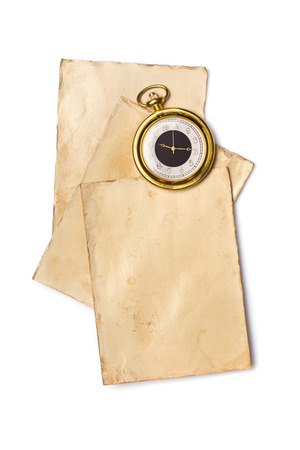 Mock up of empty old vintage yellowed cards and pocket watch isolated on white backgroundの写真素材