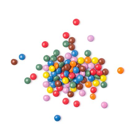 Chocolate multicolored glaze dragee or candies isolated on white backgroundの写真素材