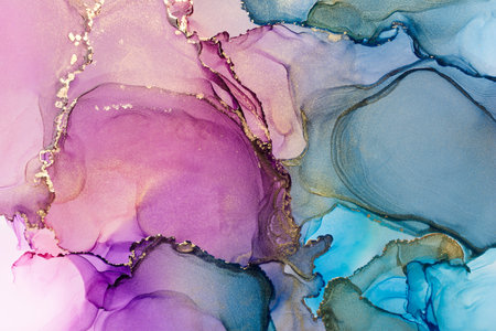 Closeup of purple, blue and shiny golden alcohol ink abstract texture, trendy wallpaper. Art for design project as background for invitation or greeting cards, flyer, poster, presentation, wrapping paperの写真素材
