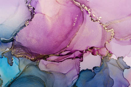 Closeup of purple, blue and shiny golden alcohol ink abstract texture, trendy wallpaper. Art for...