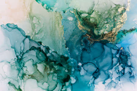 Closeup of blue and turquoise alcohol ink abstract texture, trendy wallpaper. Art for design project as background for invitation or greeting cards, poster, presentation, wrapping paperの写真素材