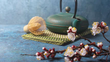 Beautiful spring composition with traditional turquoise asian cast iron kettle, bamboo whisk or chasen and flowering branches of apricot tree on blue concrete backgroundの写真素材