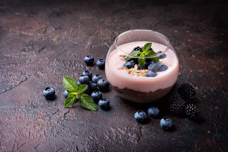Tasty chocolate pudding or sweet mousse with yogurt, blueberry, blackberry and mint in portion glass on dark concrete backgroundの写真素材