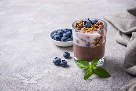 Tasty chocolate pudding or sweet mousse with yogurt, blueberry, blackberry, granola and mint in portion glass on grey concrete backgroundの写真素材