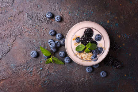 Top view of tasty yogurt dessert with blueberry, blackberry, oatmeal flakes and mint in portion glass on dark concrete backgroundの写真素材