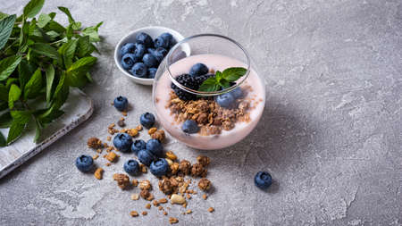 Tasty yogurt dessert with blueberry, blackberry, granola and mint in portion glass on grey concrete backgroundの写真素材