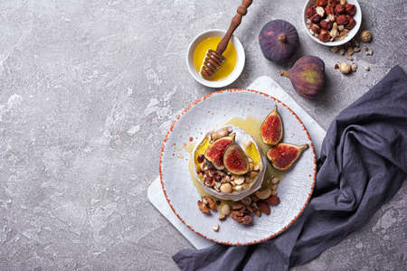 Gourmet appetizer of white brie cheese or camembert with fresh figs, nuts and honey on gray concrete backgroundの写真素材