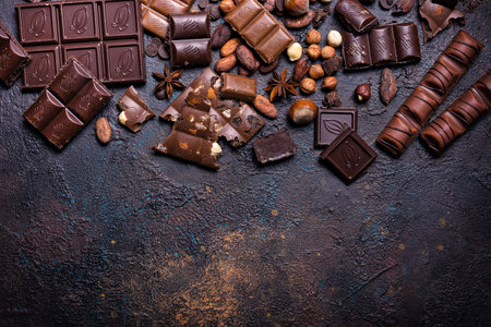Pieces of broken tasty milk and dark chocolate bars with cocoa beans and hazelnut on black concrete backgroundの写真素材