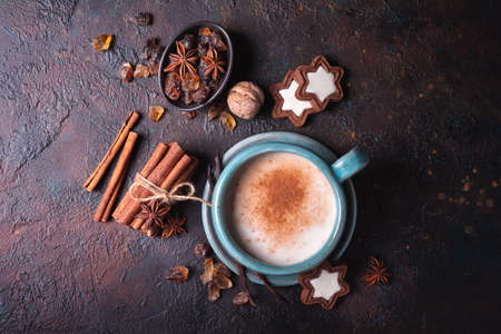 Top view of homemade traditional Christmas hot drink Eggnog with cinnamon, anise, vanilla, cookies and nutsの写真素材