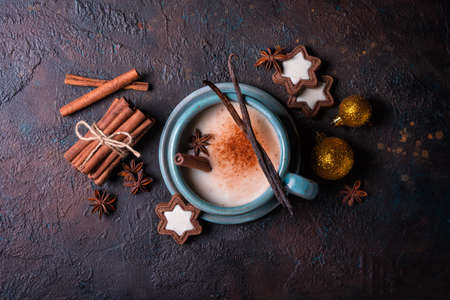 Top view of homemade traditional Christmas hot drink Eggnog with cinnamon, anise, vanilla sticks and cookies on dark concrete backgroundの写真素材