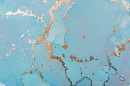 Close-up of blue and golden alcohol ink abstract texture, trendy wallpaper. Art for design project...
