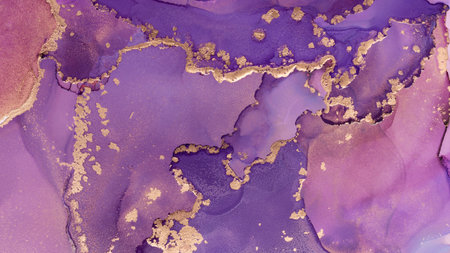 Closeup of purple and golden alcohol ink abstract texture, trendy wallpaper. Art for design project as background for invitation, poster, presentationの写真素材