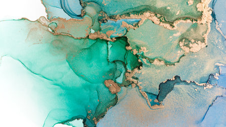 Close-up of blue and green alcohol ink abstract texture, trendy wallpaper. Art for design project as background for invitation, poster, presentationの写真素材