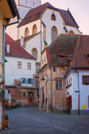 Sibiu, Transylvania, Romania - April 24, 2022: cityscape with beautiful old buildings in historical centerのeditorial素材