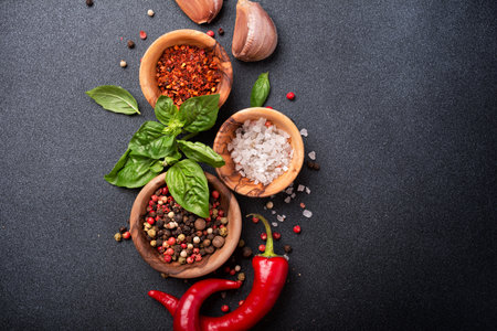 Top view of peppercorn, salt, garlic, basil and red hot chilli pepper for spicy and aromatic food on dark concrete backgroundの写真素材