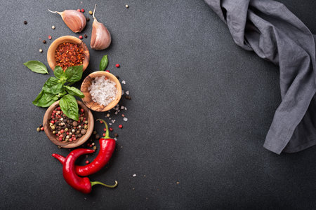 Top view of peppercorn, salt, garlic, basil and red hot chilli pepper for spicy and aromatic food on dark concrete background with copy spaceの写真素材
