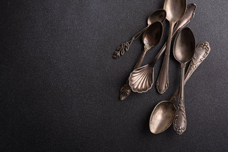 Top view of vintage silver spoons or silverware on dark concrete background with copy spaceの写真素材